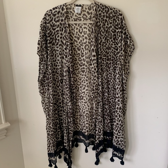 J Crew Leopard open front fringe detail kimono cape cardigan swim coverup SZ M/L - Picture 14 of 14